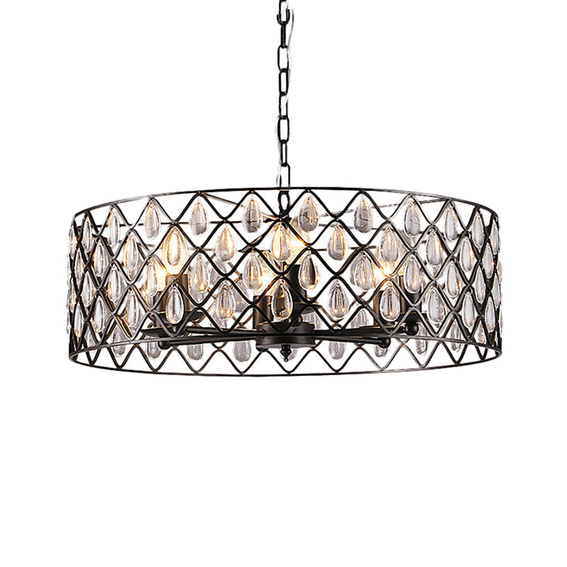 Industrial Black Metal Caged Pendant Lighting With Crystal Drop - Chandelier Lamp