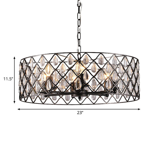 Industrial Black Metal Caged Pendant Lighting With Crystal Drop - Chandelier Lamp
