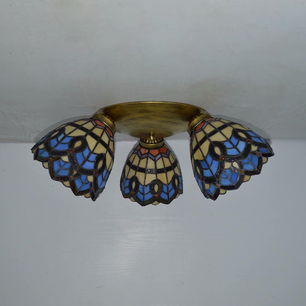 Vintage Stained Glass Dome Shade Ceiling Fixture - Victorian/Mediterranean/Baroque Pattern Flush