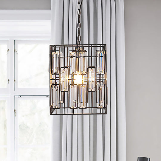 Industrial Metal Pendant Light With Black Cubic Cage & Crystal Accent - Ideal For Restaurants