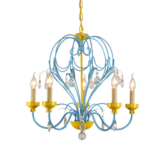 Children’s Macaron Candle Chandelier Lamp With Crystal Drop - Yellow/Blue Metallic Finish 5 Lights