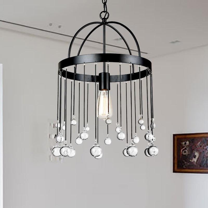Industrial Style Hanging Pendant Light With Crystal Ball Deco - 1-Light Ring Suspension Lamp In