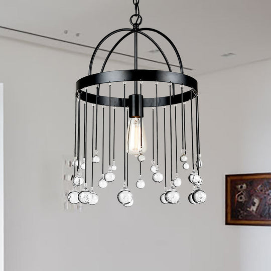Industrial Style Hanging Pendant Light With Crystal Ball Deco - 1-Light Ring Suspension Lamp In