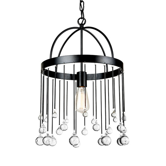 Industrial Style Hanging Pendant Light With Crystal Ball Deco - 1-Light Ring Suspension Lamp In
