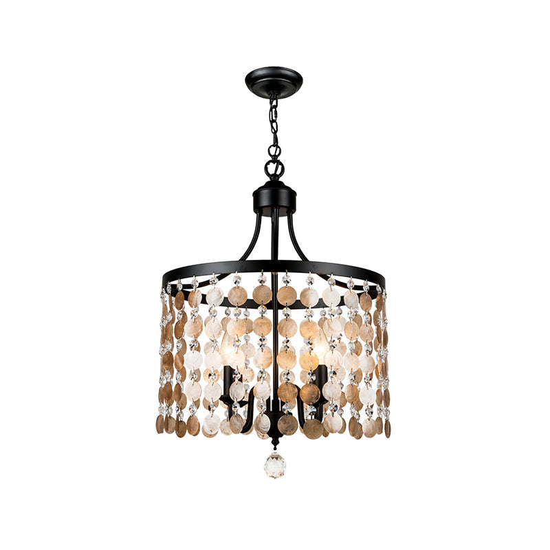 Vintage Round Chandelier Light Metal & Shell | 4-Light Suspension Black For Bedroom