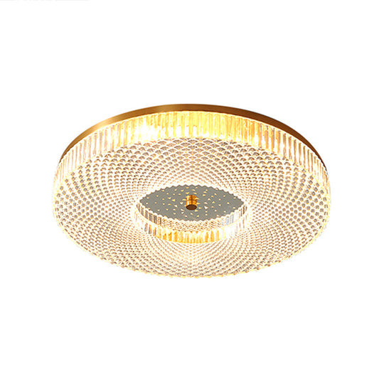 Modern Brass Led Flush Mount Ceiling Light With Crystal Lattice Detail - Minimalist Bedroom Fixture