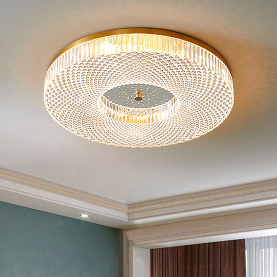 Modern Brass Led Flush Mount Ceiling Light With Crystal Lattice Detail - Minimalist Bedroom Fixture