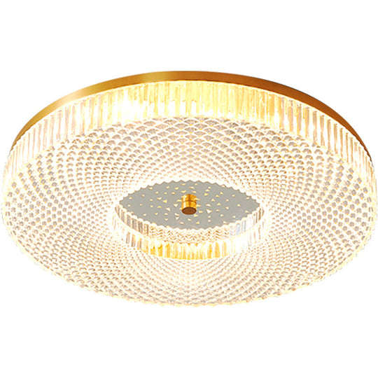 Modern Brass Led Flush Mount Ceiling Light With Crystal Lattice Detail - Minimalist Bedroom Fixture