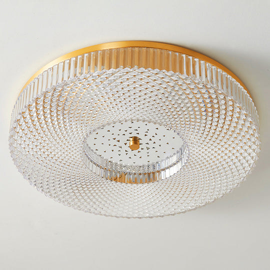 Modern Brass Led Flush Mount Ceiling Light With Crystal Lattice Detail - Minimalist Bedroom Fixture