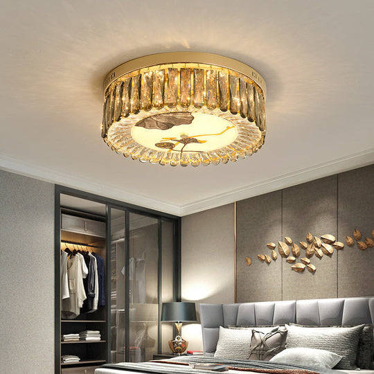 Modern Crystal Block Drum Flush Mount Led Ceiling Light For Bedroom In Brass Finish