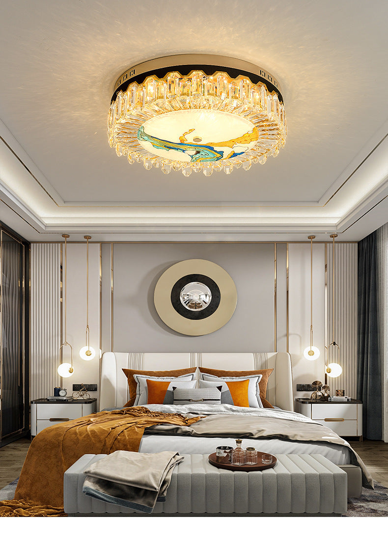 Modern Crystal Block Drum Flush Mount Led Ceiling Light For Bedroom In Brass Finish