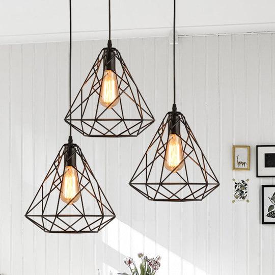 Vintage Metal Diamond Cage Pendant Light For Dinning Room - Black