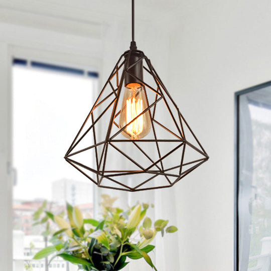 Vintage Metal Diamond Cage Pendant Light For Dinning Room - Black