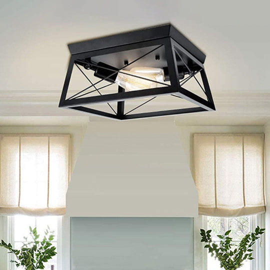 Industrial Metal Square Dining Room Flush Ceiling Light: Sleek Close-To-Ceiling Fixture