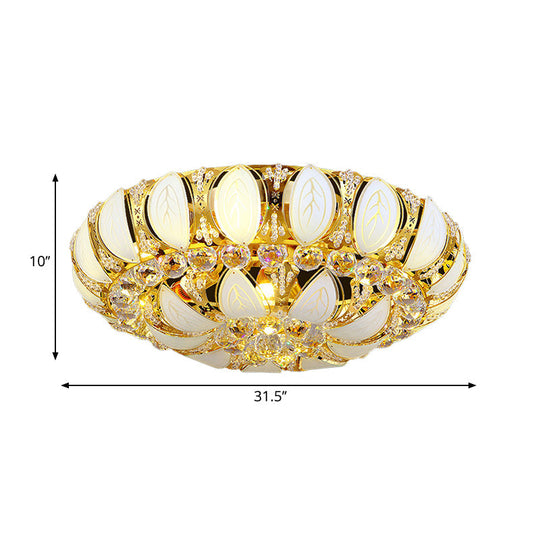 23.5’/31.5’ Contemporary Crystal And Glass Round Flush Ceiling Light With Leaf Pattern In Gold