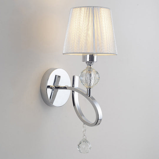 Modern Bedroom Wall Sconce: Cone Shade Fabric 1-Head Light With Clear Crystal Ball Deco - Silver