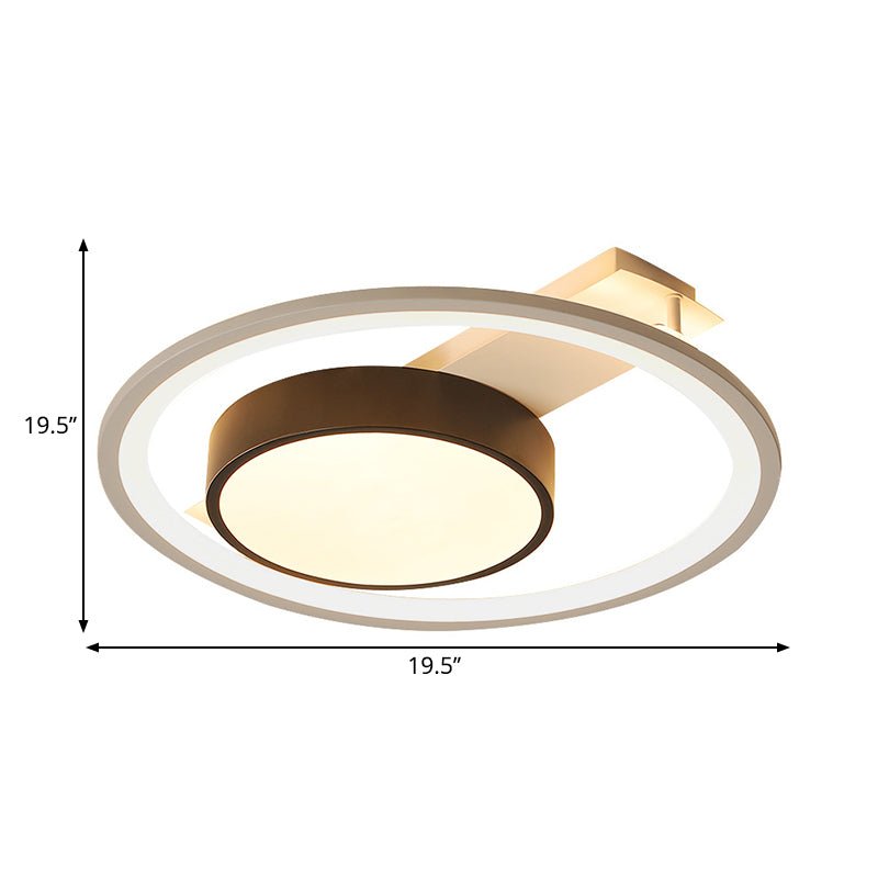 Modern Black And White Led Ceiling Light: Simple Drum Flush Lamp With Halo Ring 16’/19.5’ Wide
