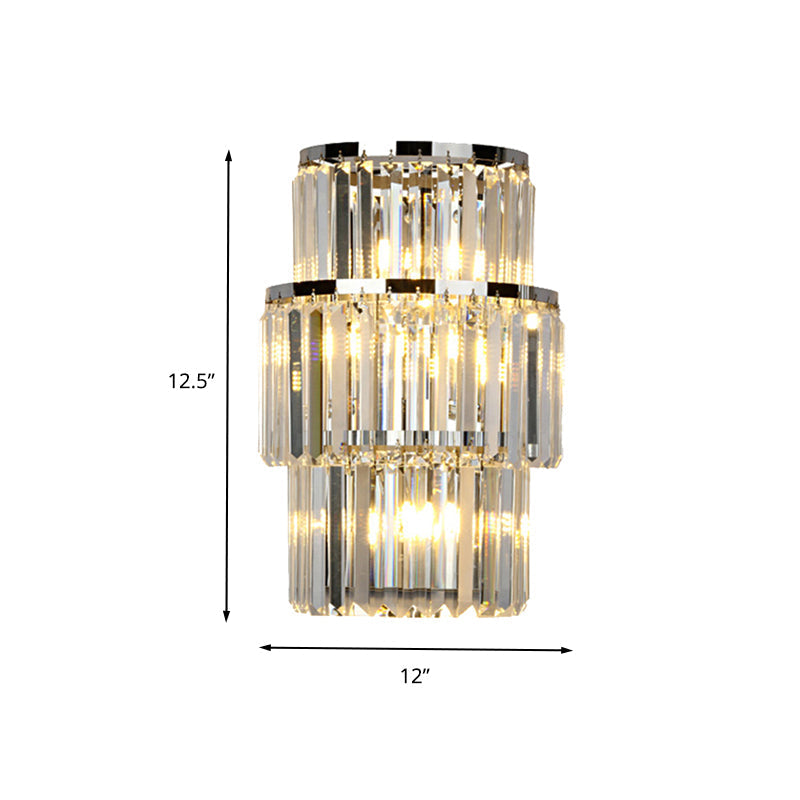 Contemporary Wall Mounted Crystal Cylinder Sconce Light - 3 Silver Lights