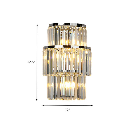 Contemporary Wall Mounted Crystal Cylinder Sconce Light - 3 Silver Lights