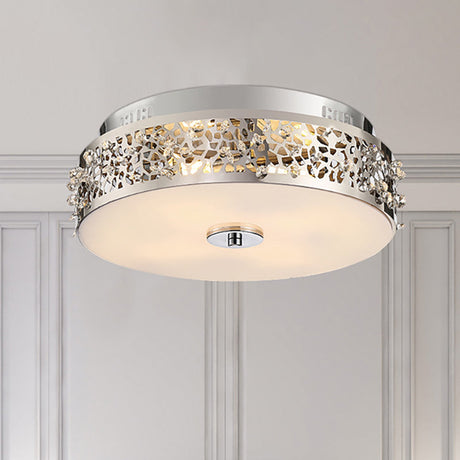 Metallic Drum Flush Lamp With Crystal Accents - 4-Light Contemporary Ceiling Mount