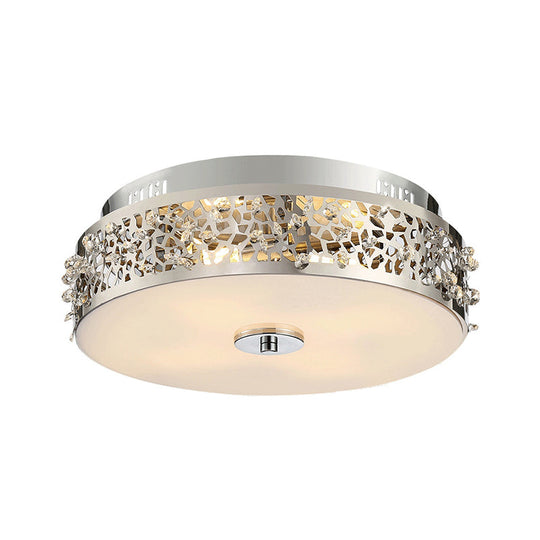 Metallic Drum Flush Lamp With Crystal Accents - 4 - Light Contemporary Ceiling Mount
