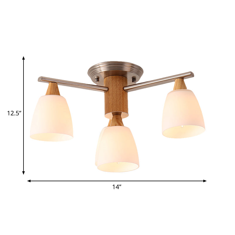 Wooden Semi Flush Mount Light With Modern White Glass Shade & 4 Tapered Lights