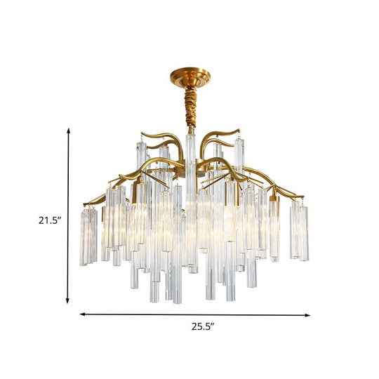 Postmodern Gold Curved Arm Chandelier With 7 Crystal Rod Heads - Tri-Sided Hanging Light Fixture