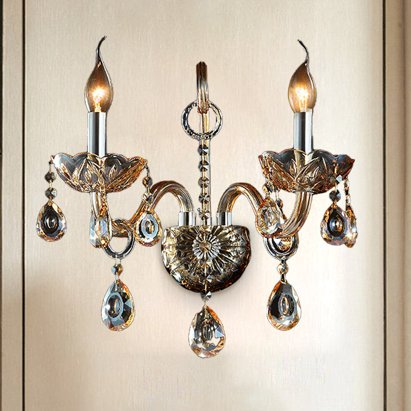 Modern Amber Glass Candle Sconce Wall Light With Crystal Drip Accent - 1/2 Heads Bedroom Fixture 2 /