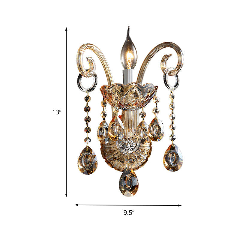 Modern Amber Glass Candle Sconce Wall Light With Crystal Drip Accent - 1/2 Heads Bedroom Fixture