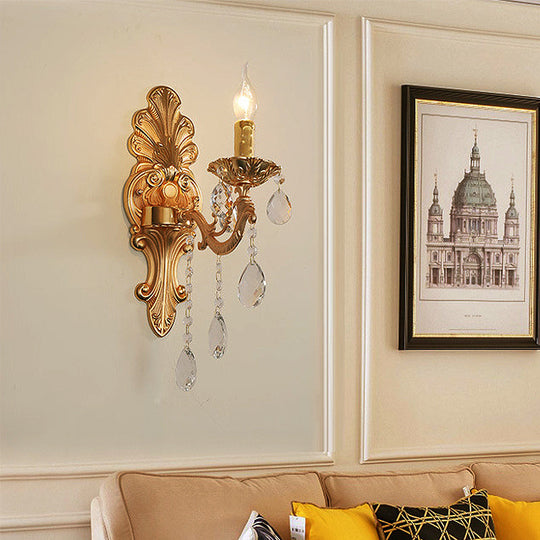 Postmodern Brass Wall Sconce With Crystal Drip Accent - Candelabra Style 1/2 Head Design For Living