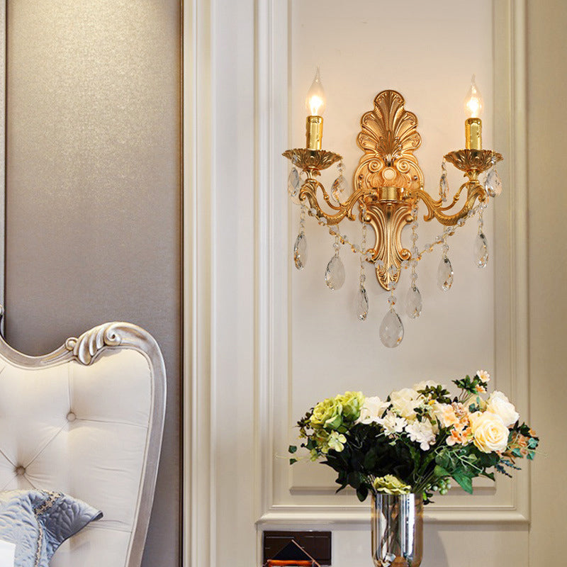 Postmodern Brass Wall Sconce With Crystal Drip Accent - Candelabra Style 1/2 Head Design For Living