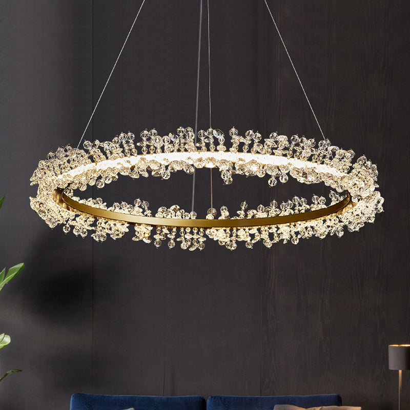 Minimalist Gold Chandelier Led Pendant Light For Bedroom - K9 Crystal Round Suspension Design