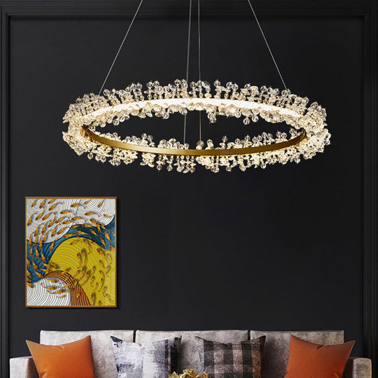 Minimalist Gold Chandelier Led Pendant Light For Bedroom - K9 Crystal Round Suspension Design