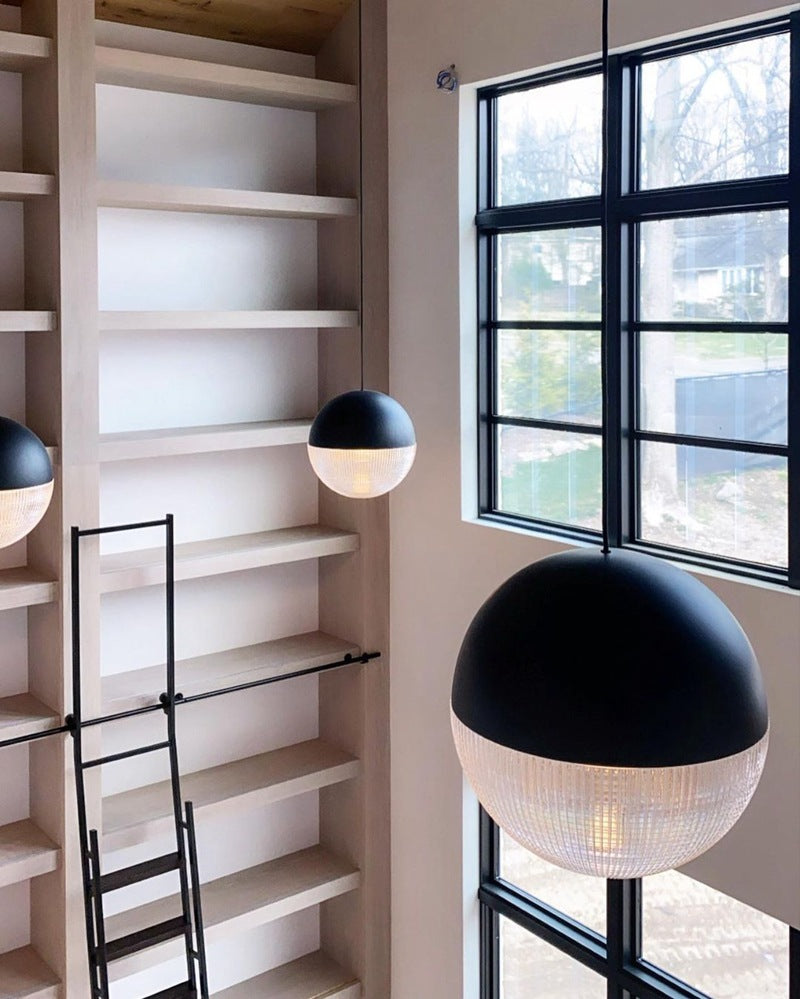 1-Light Metal Pendant Lamp With Mid-Century Modern Spherical Prismatic Glass