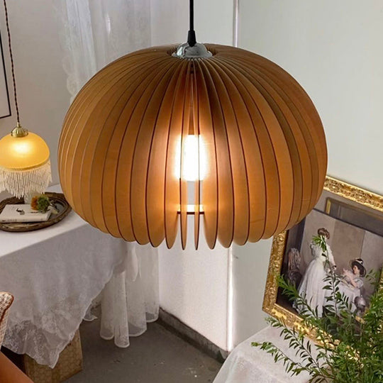 Basswood Pumpkin Pendant Light - Modern Wooden Hanging Lamp
