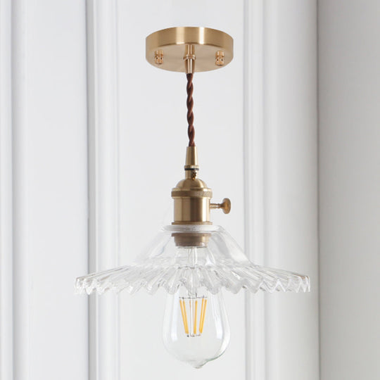 8.66 Industrial Brass Pendant Light With Scalloped Glass Shade For Coffee Shop / Clear