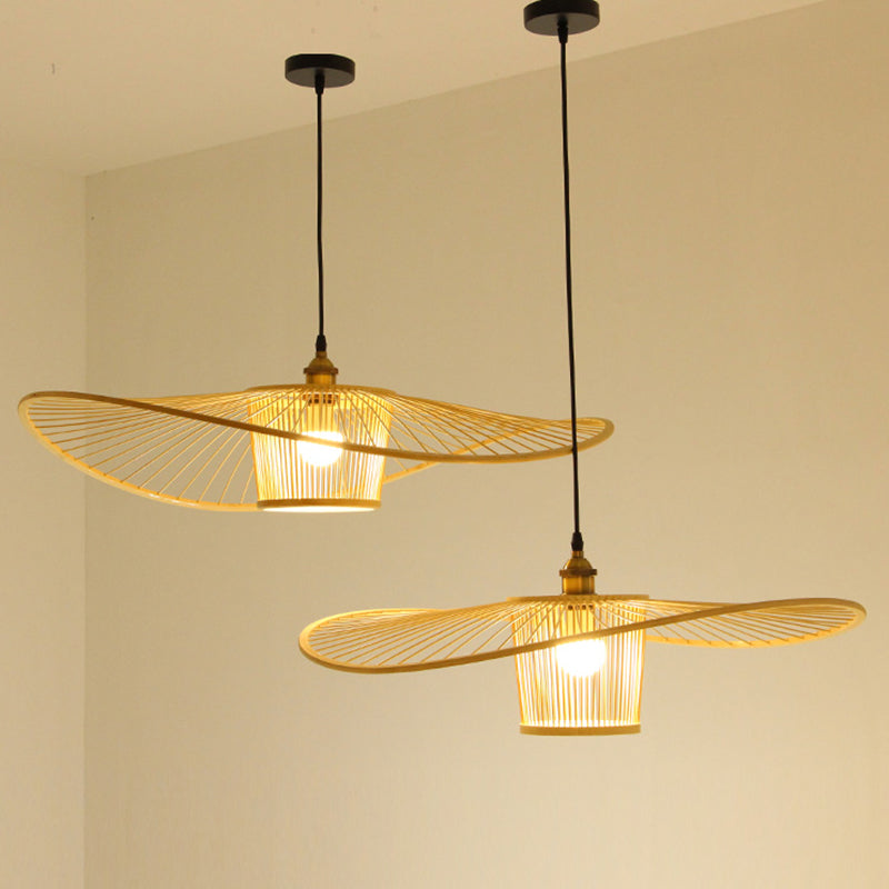 Bamboo Weaving Drum Shade Hanging Light With Fishermans Hat Design - Perfect For Dining Room