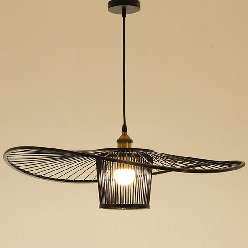 Bamboo Weaving Drum Shade Hanging Light With Fishermans Hat Design - Perfect For Dining Room Black /