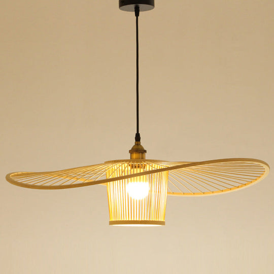 Bamboo Weaving Drum Shade Hanging Light With Fishermans Hat Design - Perfect For Dining Room Wood /