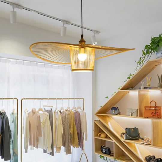 Bamboo Weaving Drum Shade Hanging Light With Fishermans Hat Design - Perfect For Dining Room