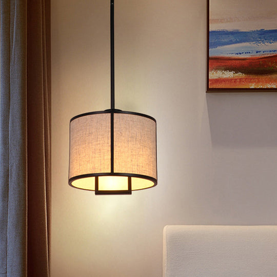 Minimalist Single-Light Fabric Drum Pendant For Living Room With 47 Carbon Steel Rod