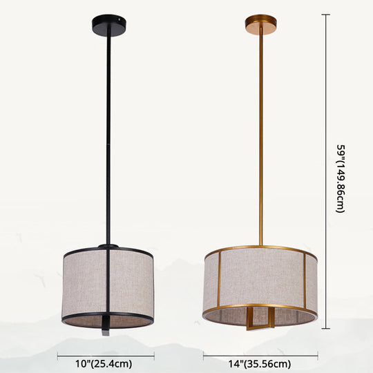 Minimalist Single-Light Fabric Drum Pendant For Living Room With 47 Carbon Steel Rod