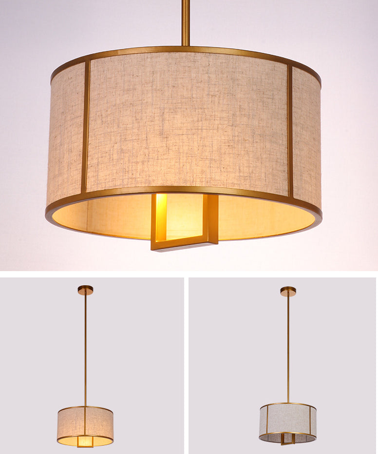 Minimalist Single-Light Fabric Drum Pendant For Living Room With 47 Carbon Steel Rod