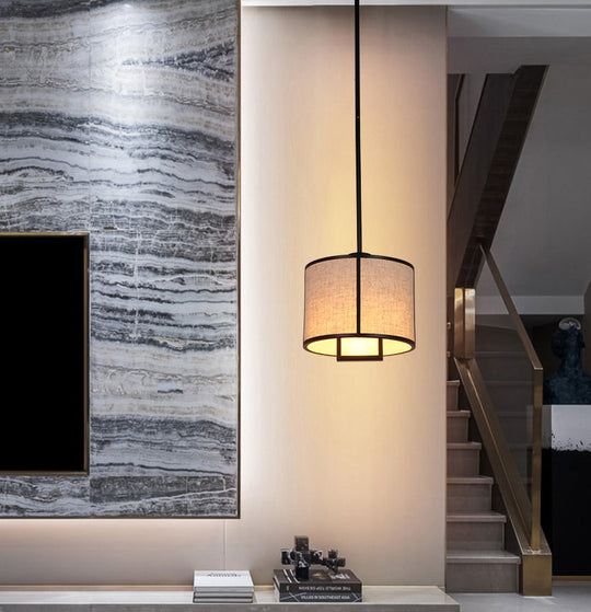 Minimalist Single-Light Fabric Drum Pendant For Living Room With 47 Carbon Steel Rod