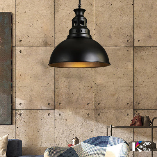 Vintage-Style Iron Dome Pendant Light For Restaurant Ceilings - 1 Head Black/White Vented Socket