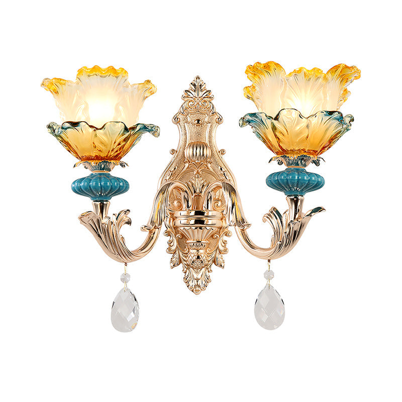 Modern Amber And Blue Glass Wall Sconce With Brass Finish - 1/2 Head Flower Design