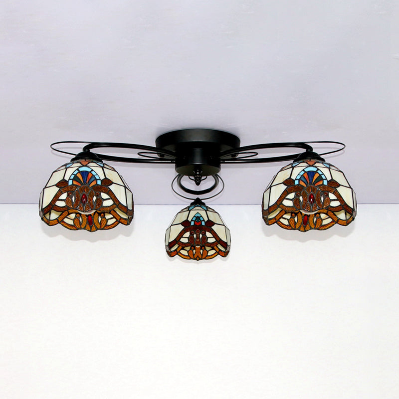 Victorian Stained Glass Ceiling Fixture - Dome Shape Black Flush Mount With 3 Lights