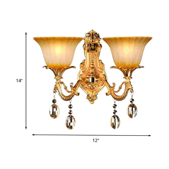 Traditional Amber Glass Wall Mount Sconce Light With Brass Finish - 2 Heads Ideal For Living Room