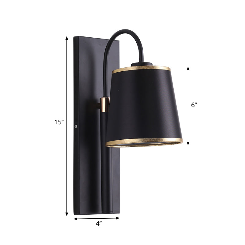 Stylish Vintage Black Fabric Wall Sconce With Gooseneck Arm - 1-Light Tapered Bedroom Lighting