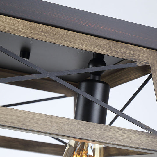 Rustic Cuboid Wood Frame Ceiling Lamp - 2-Light Brown Flush Mount Fixture